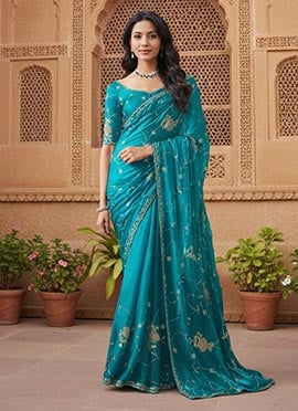 Blue Tissue Embroidered Sequins Saree