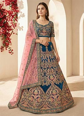 Blue Velvet Embossed With Thread Sequins A Line Lehenga