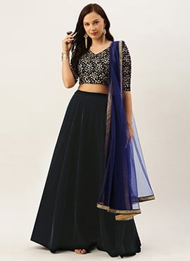 Blue Velvet Embroidered Full Flared Lehenga