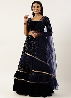 Blue Velvet Embroidered Lehenga Set
