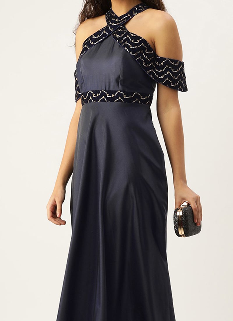 225222 Embroidered Artisan Blue Off-Shoulder Dress
