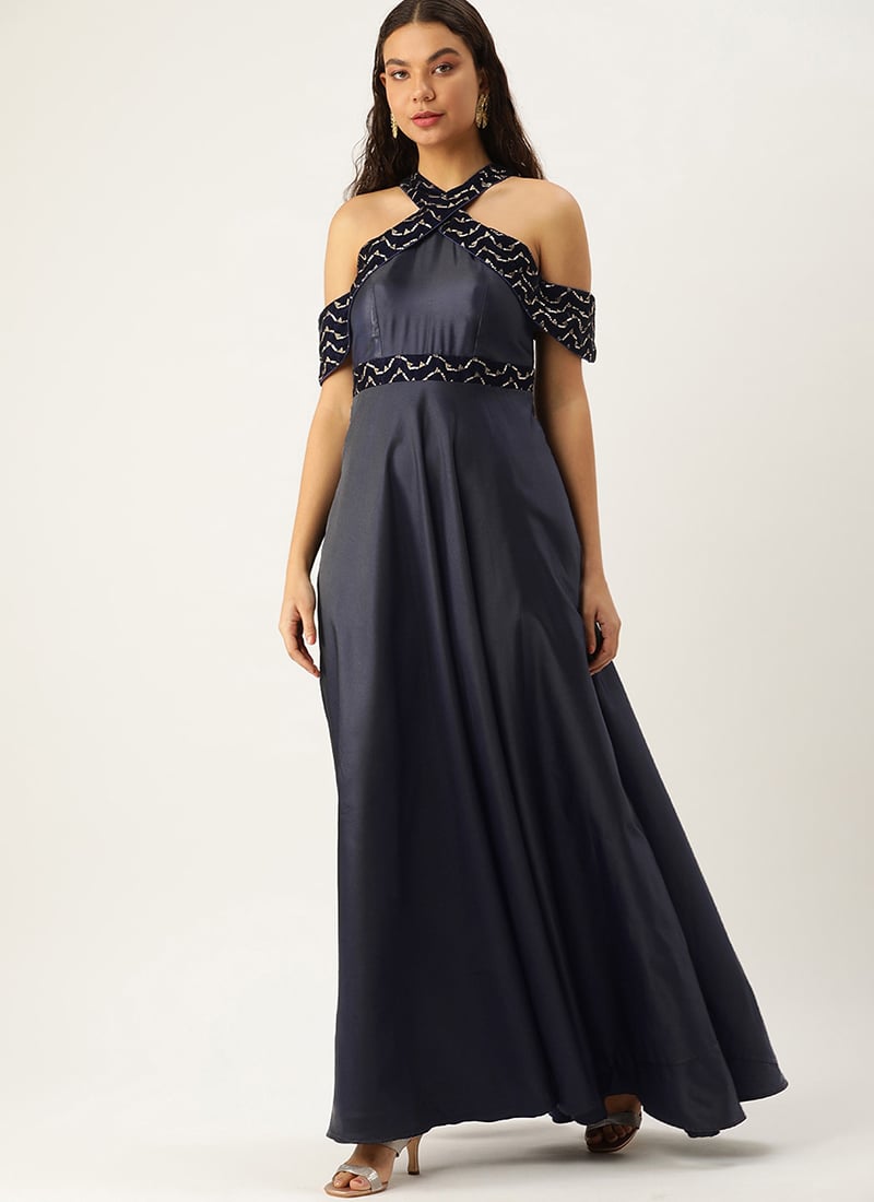 Blue Velvet Embroidered Off Shoulder Dress Festive Wear Party Wear