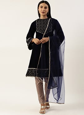 Blue Velvet Embroidered Straight Pant Suit