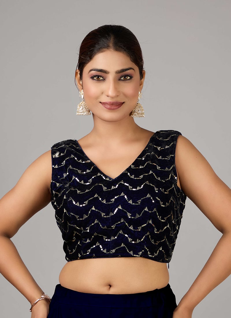 Blue Velvet Embroidered V Neck Blouse Festive Wear