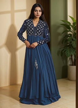 Blue Velvet Silver Zari Cut Dana Hand Embroidered Anarkali Suit