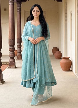 Blue Vichitra Silk Sequins And Zari Anarkali Suit