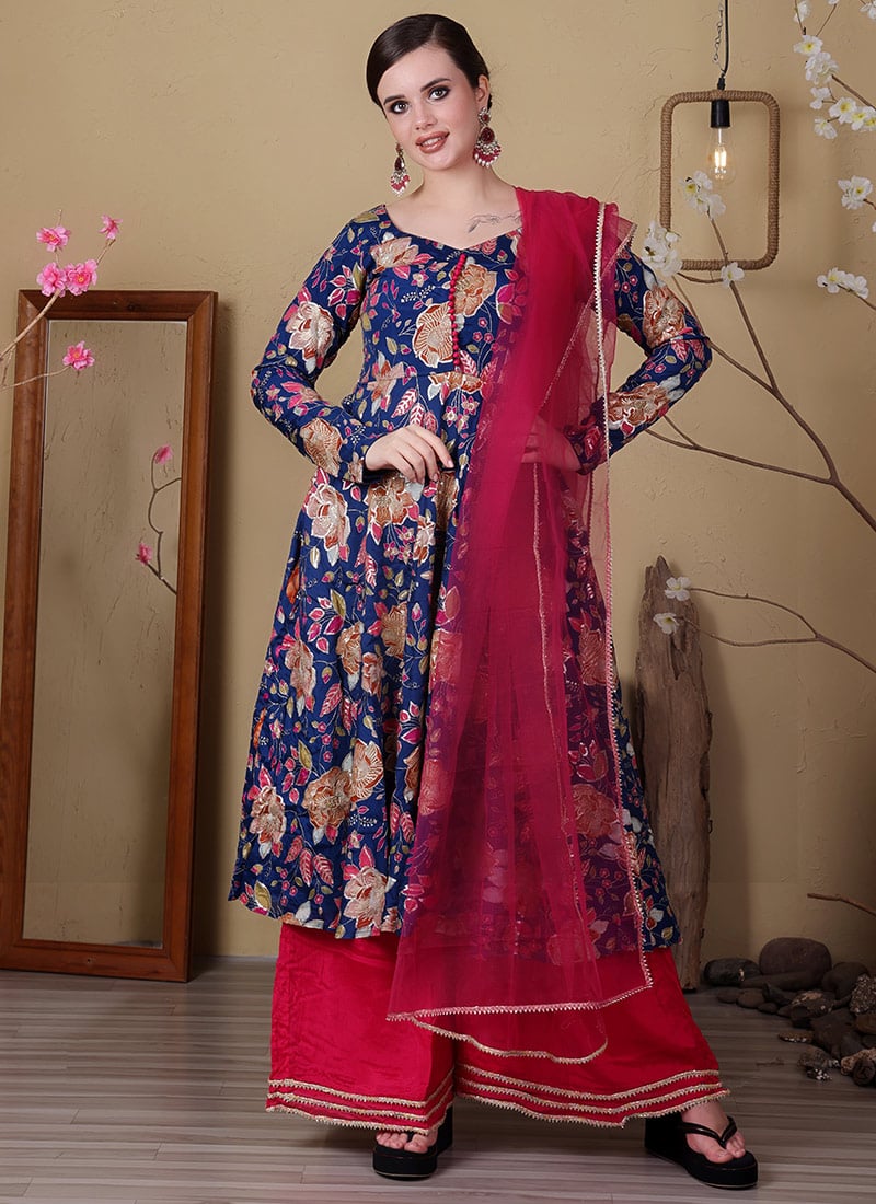 Blue Viscose Printed N Pink Chinon Anarkali Suit