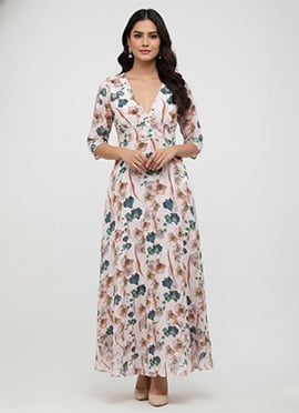 Blush Off White Georgette Floral Maxi Dress