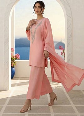 Blush Pink Silk Hand Embroidered Sequins With Stone Palazzo Suit