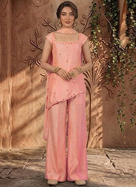 Blush Pink Silk Zari Hand Embroidered Mirror Work Palazzo Suit