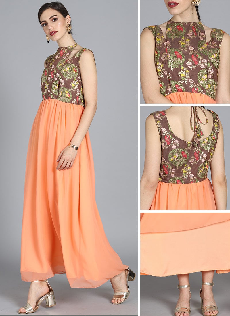 Ethnovog Peach Georgette Gown After Six Wear