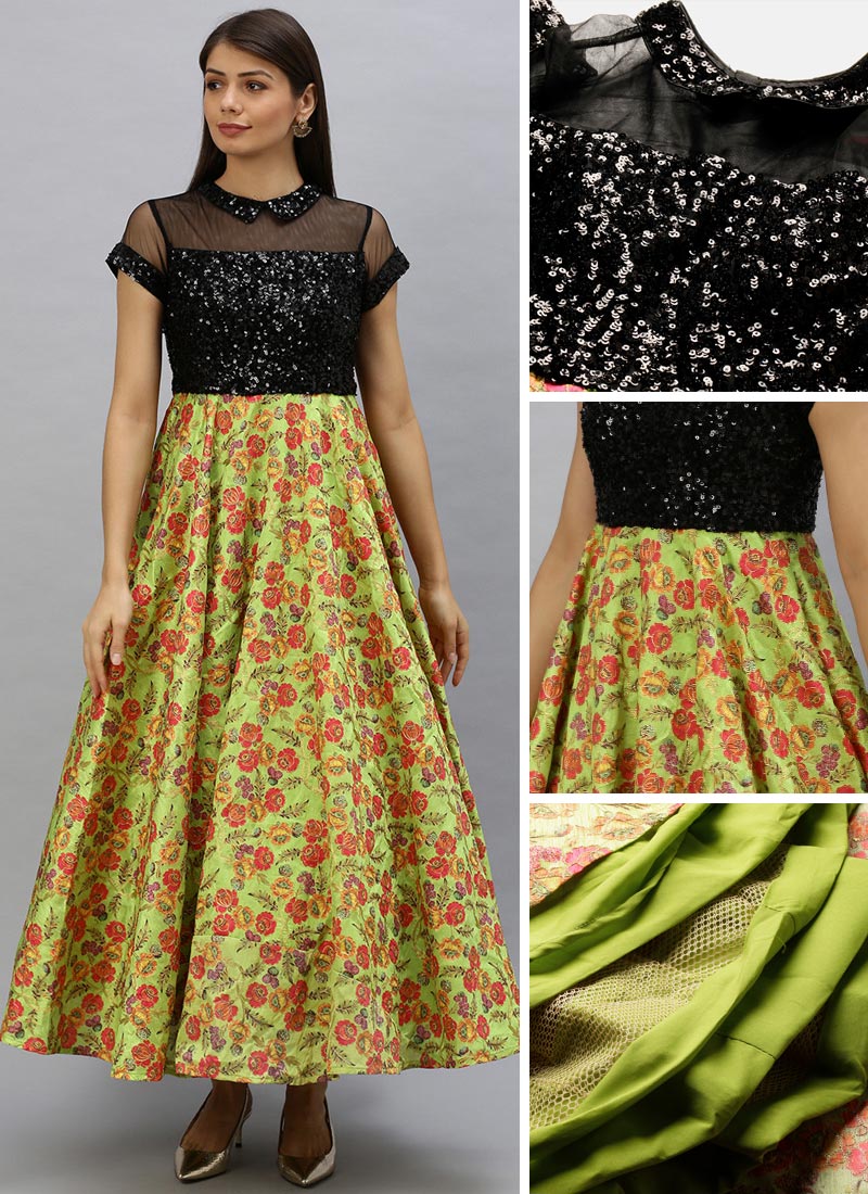 Ethnovog Green Embroidered Gown Party Wear