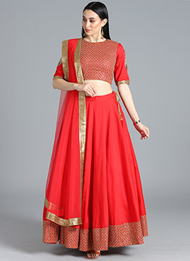Ethnovog Red Embroidered lehenga