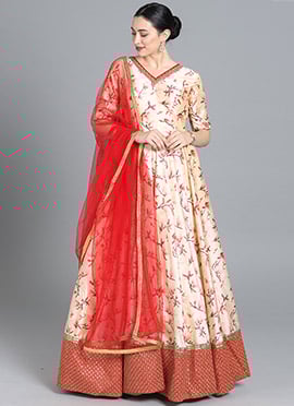 Ethnovog Red N Beige Anarkali Su