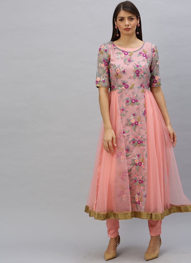 Ethnovog Peach Embroidered Indowestern Suit Party Wear