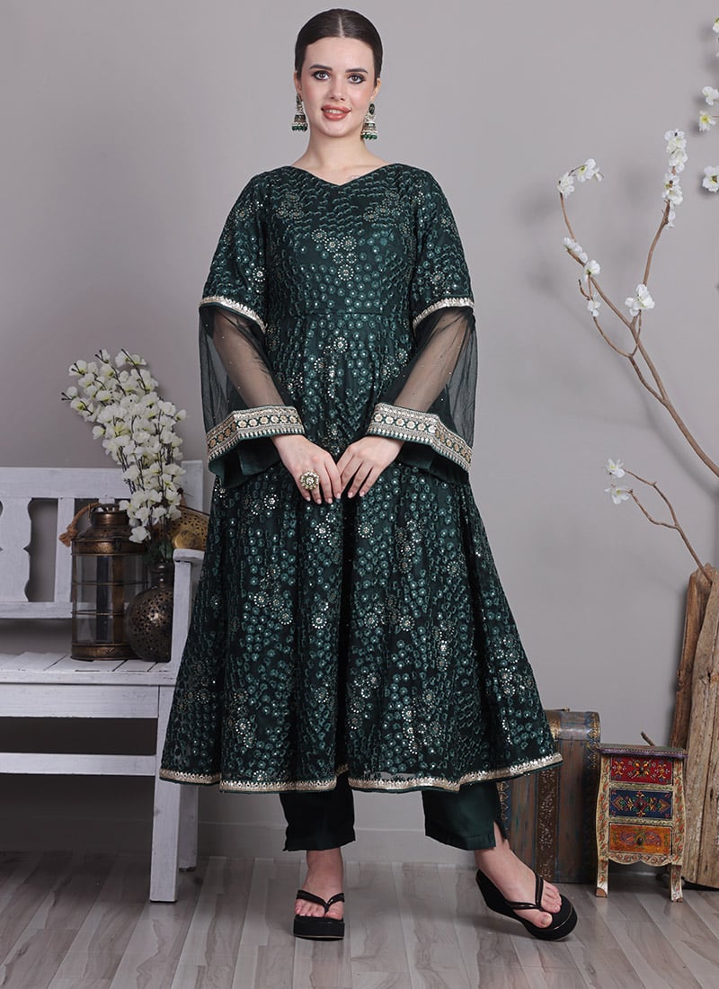 Bottel Green Net Embroidered Anarkali Suit Festive Wear