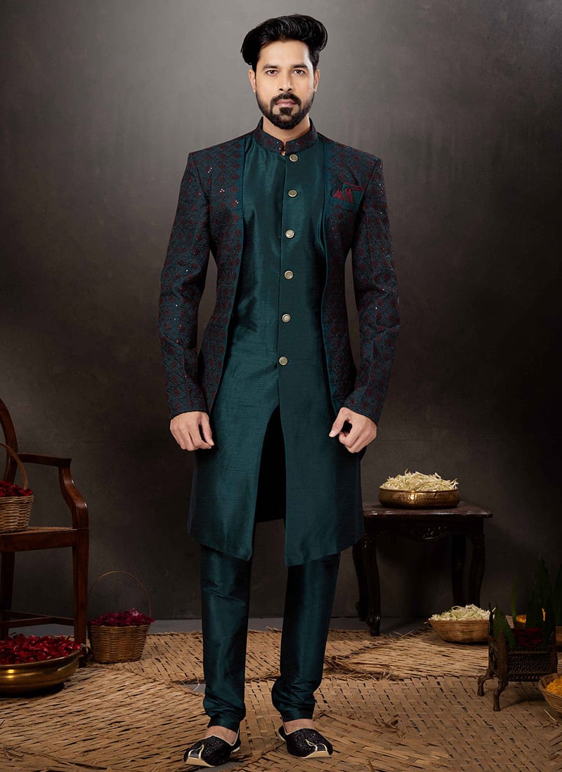 Bottle Green Art Silk Jacquard Indowestern sherwani Party Wear