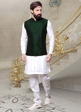 Bottle Green Art Silk Nehru Jacket