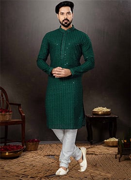 Bottle Green Cotton Lucknowi Embroidery Kurta Pyjama