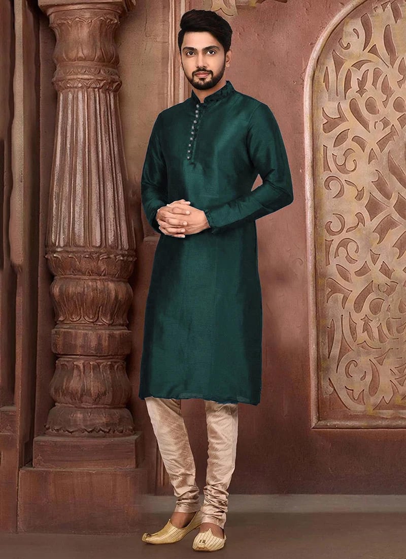Bottle Green Dupion Silk Embroidered Kurta Pyjama  Party Wear