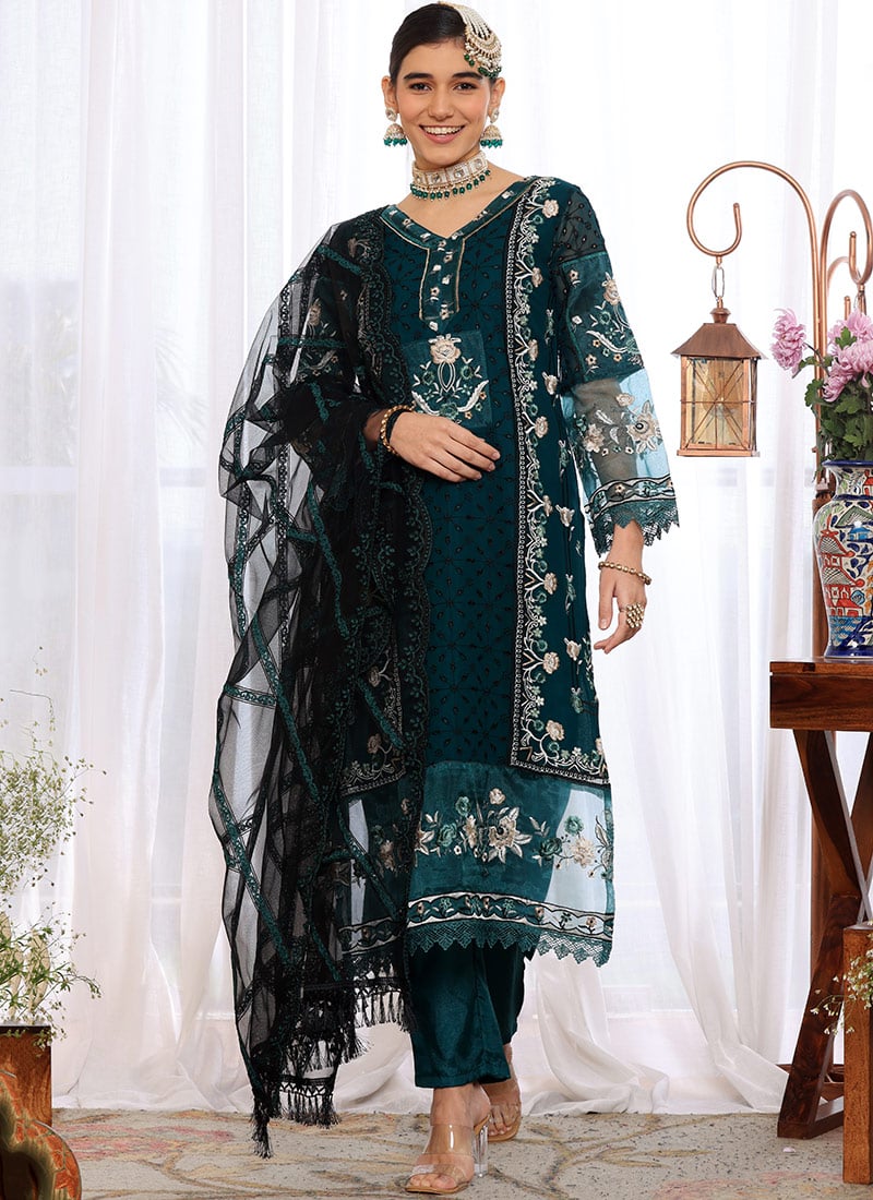 Teal Green Faux Georgette Embroidered Pakistani Suit Party Wear