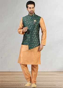 Bottle Green Jacquard Benarasi Silk Bandi Set
