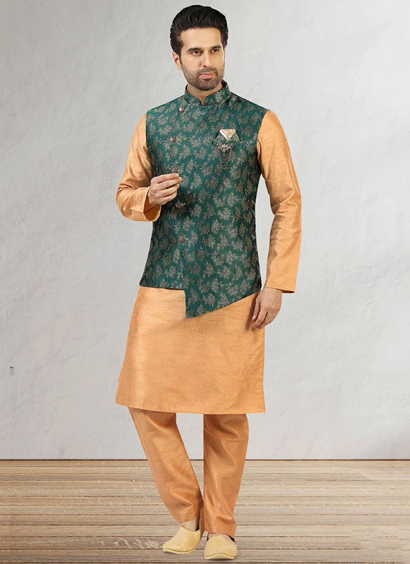 Bottle Green Jacquard Benarasi Silk Bandi Set Party Wear