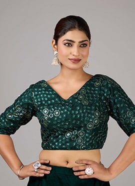 Bottle Green Net Embroidered V Neck Blouse