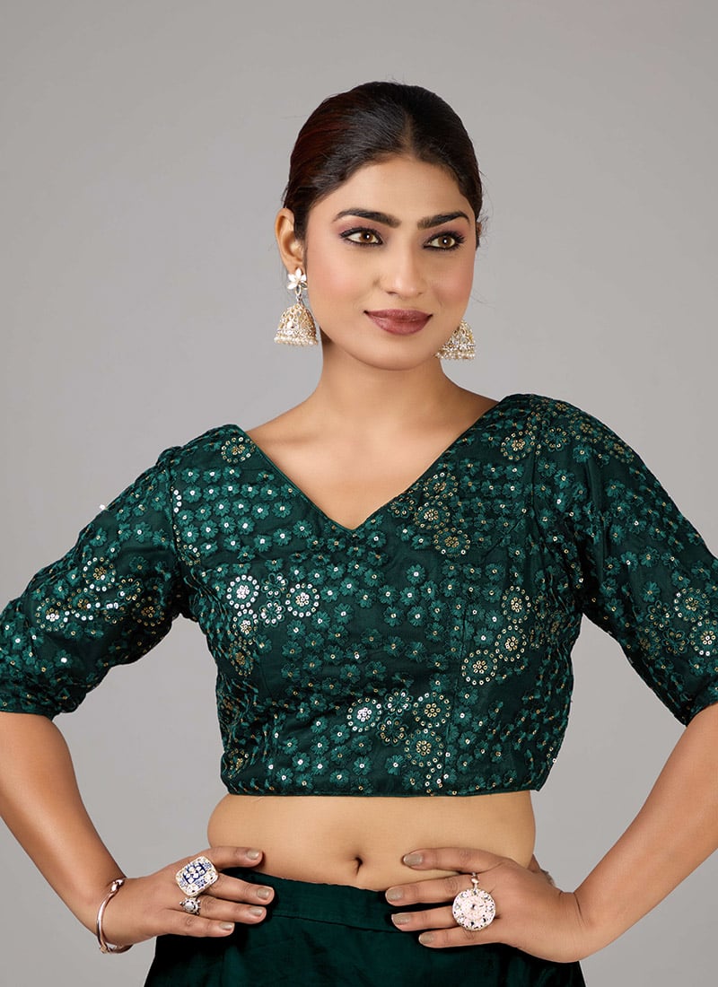 Bottle Green Net Embroidered V Neck Blouse