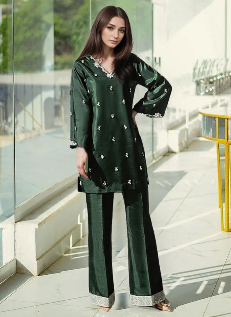 Bottle Green Silk Hand Embroidered Kurta Stunning Palazzo Suit Festive Wear