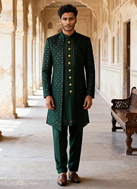 Bottle Green Silk Zari Embroidered Sequins Indowestern Sherwani