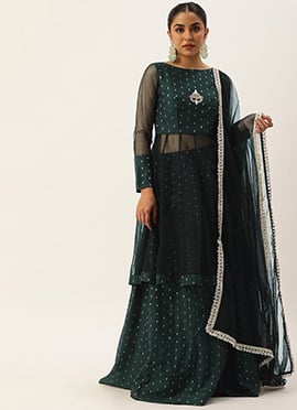 Bottle green Chanderi Jacquard Lehenga Set