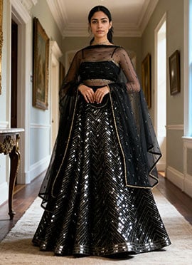 Bridesmaid Umbrella Lehenga In Black Faux Georgette Sequins