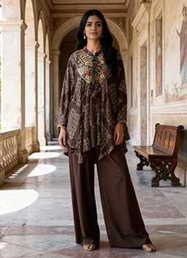 Brown Chinon Silk Zardosi Embroidered Work And Printed Indowestern Palazzo Set