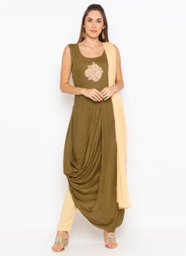 Brown Cotton Embroidered Straight Pant Suit