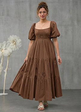 Brown Cotton Floral Embroidered Tiered Dress