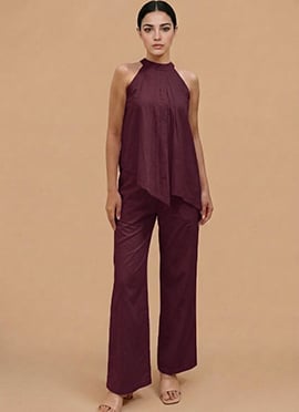 Wine Cotton Halter Neck Co Ord Set