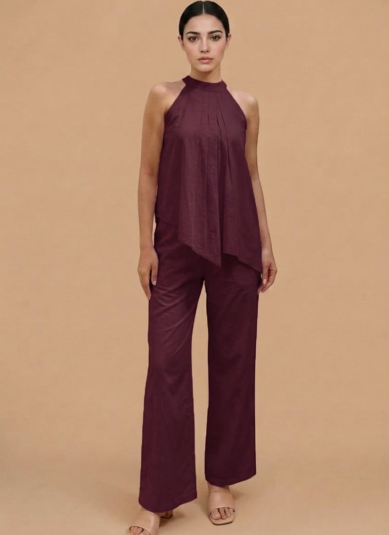 Wine Cotton Halter Neck Co Ord Set After Six Wear