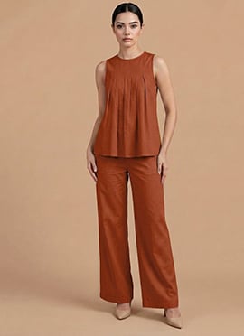 Brown Cotton Sleeveless Pleated Top With Wide Leg