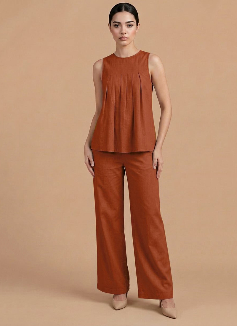 Brown Cotton Sleeveless Pleated Top With Wide Leg  After Six Wear