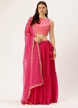 Brown Embroidered Net Lehenga Set