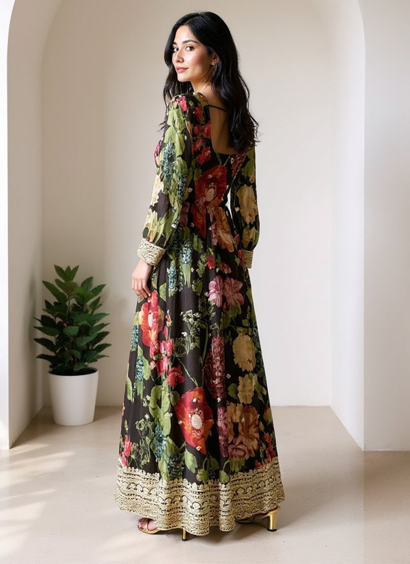 Brown Faux Georgette Embroidered Dresses And Gown