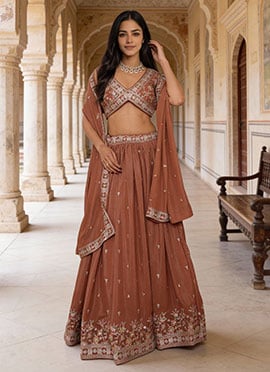 Brown Georgette Zari Sequins Embroidered Lehenga