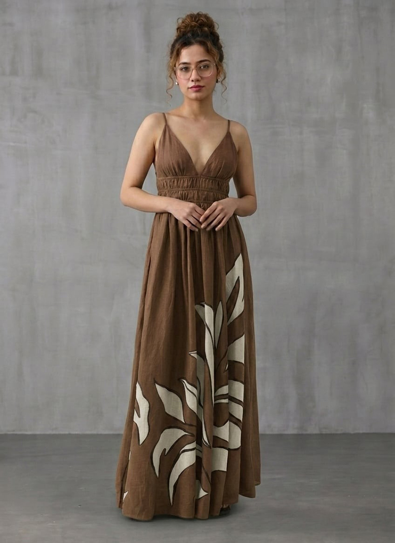 Brown Muslin Printed Maxi Dress After Six Wear