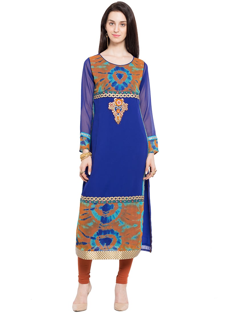 Brown N Royal Blue Georgette Long Kurti After Six Wear