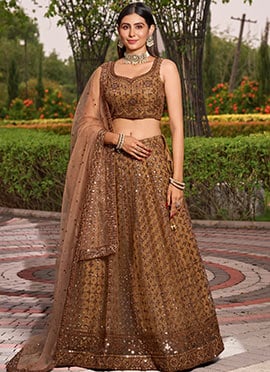 Brown Net Thread Embroidered Sequins Umbrella Lehenga For Gorgeous Women