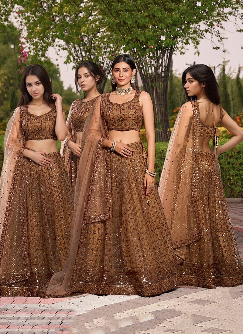 Brown Net Thread Embroidered Sequins Umbrella Lehenga For Gorgeous Women