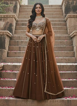 Brown Net Zari Hand Embroidered Sequins Lehenga