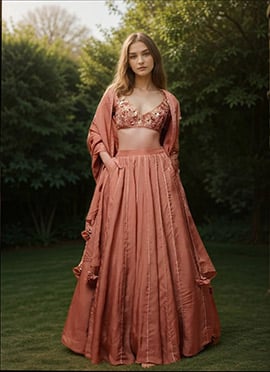 Brown Organza Hand Embroidered Cutdana Zari And Sequins Lehenga