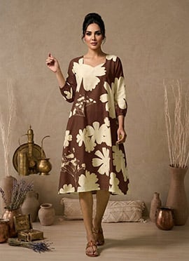 Brown Printed Cotton Floral Dress